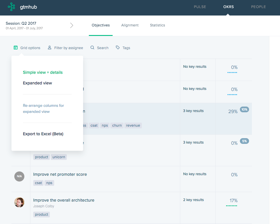 Exporting OKRs to spreadsheets