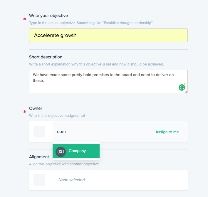 Assigning OKRs to the "Company" team