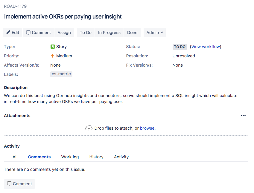 JIRA story for customer health metrics key result