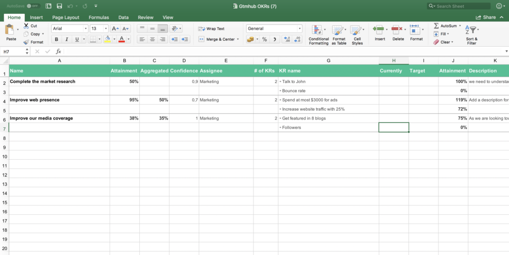 Gtmhub OKR export to Excel