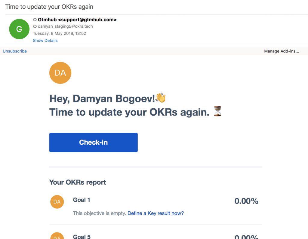 OKR check-in reminder email