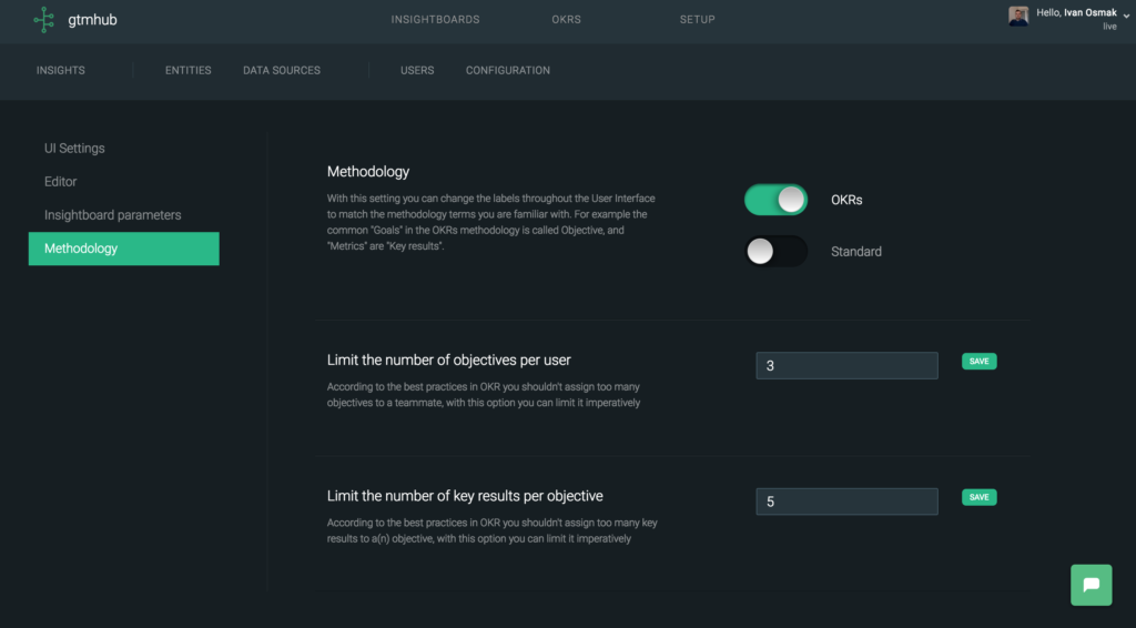 OKR methodology settings