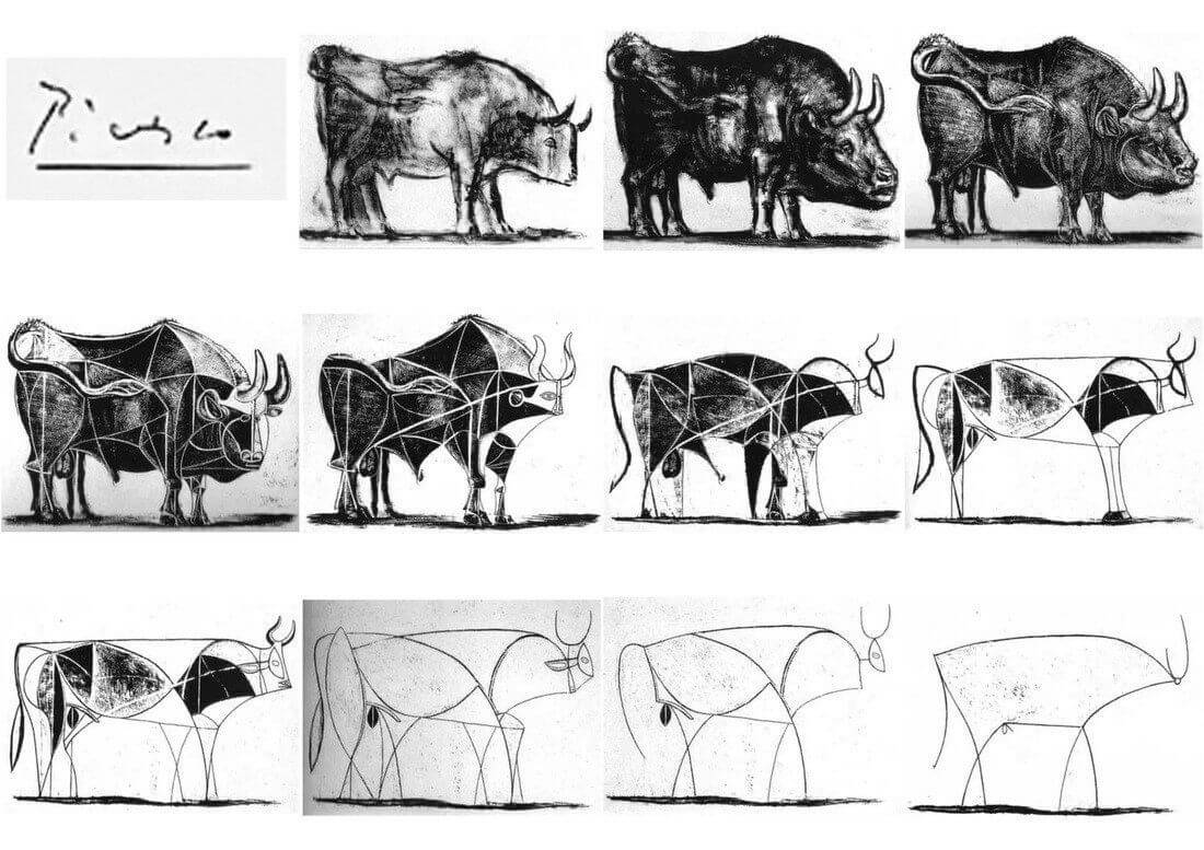 Illustration of Picasso's bull illustrations, 11 in total, with each sketch having different levels of complexity and depth. Bulls are illustrated from highly realistic to totally abstract. All black and white sketches.