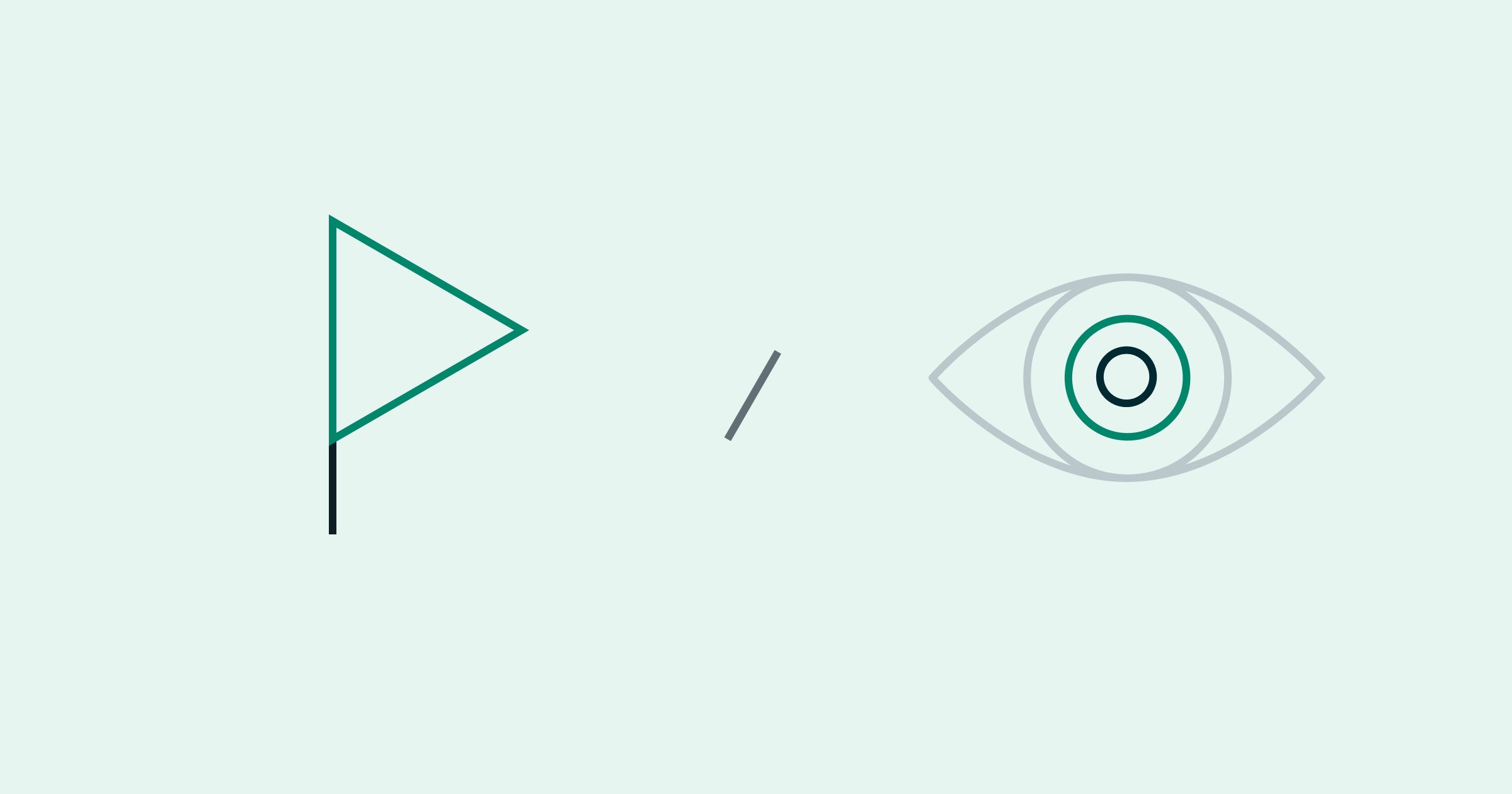 A green flag with hollow filling placed to the left of an outline of an eye, with the iris also outlined in green, all on a green background, to signal mission vs. vision in business strategy