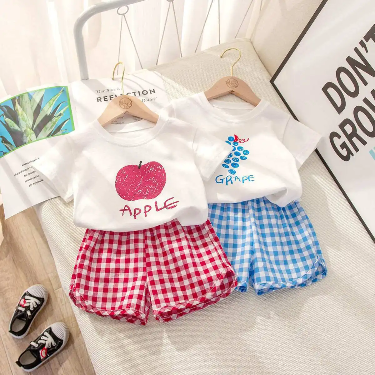 Fruit T-shirt Plaid Shorts Girls 2pc/set Summer Children's Clothes Cotton Kids Short Sleeved Suit Fashion Baby Clothing 1-6Y detail