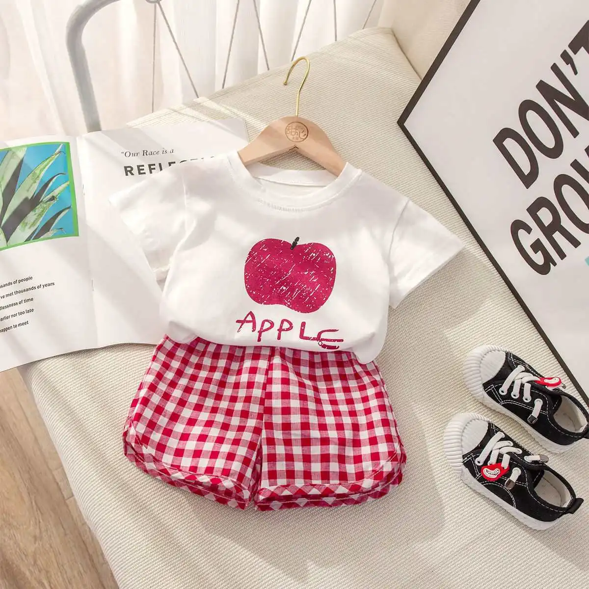 Fruit T-shirt Plaid Shorts Girls 2pc/set Summer Children's Clothes Cotton Kids Short Sleeved Suit Fashion Baby Clothing 1-6Y detail