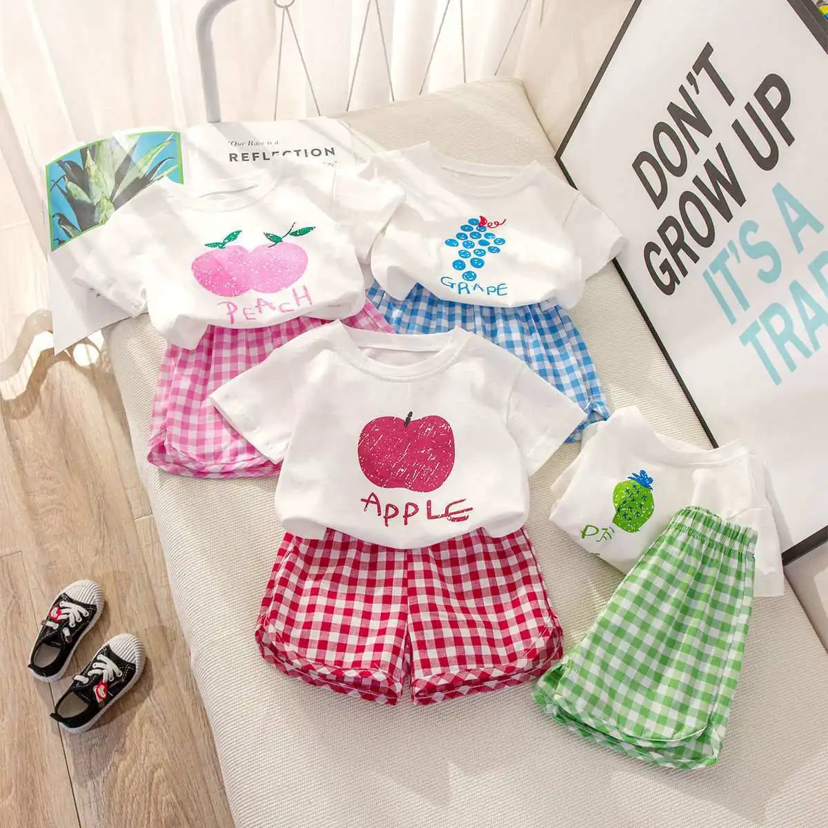 Fruit T-shirt Plaid Shorts Girls 2pc/set Summer Children's Clothes Cotton Kids Short Sleeved Suit Fashion Baby Clothing 1-6Y detail