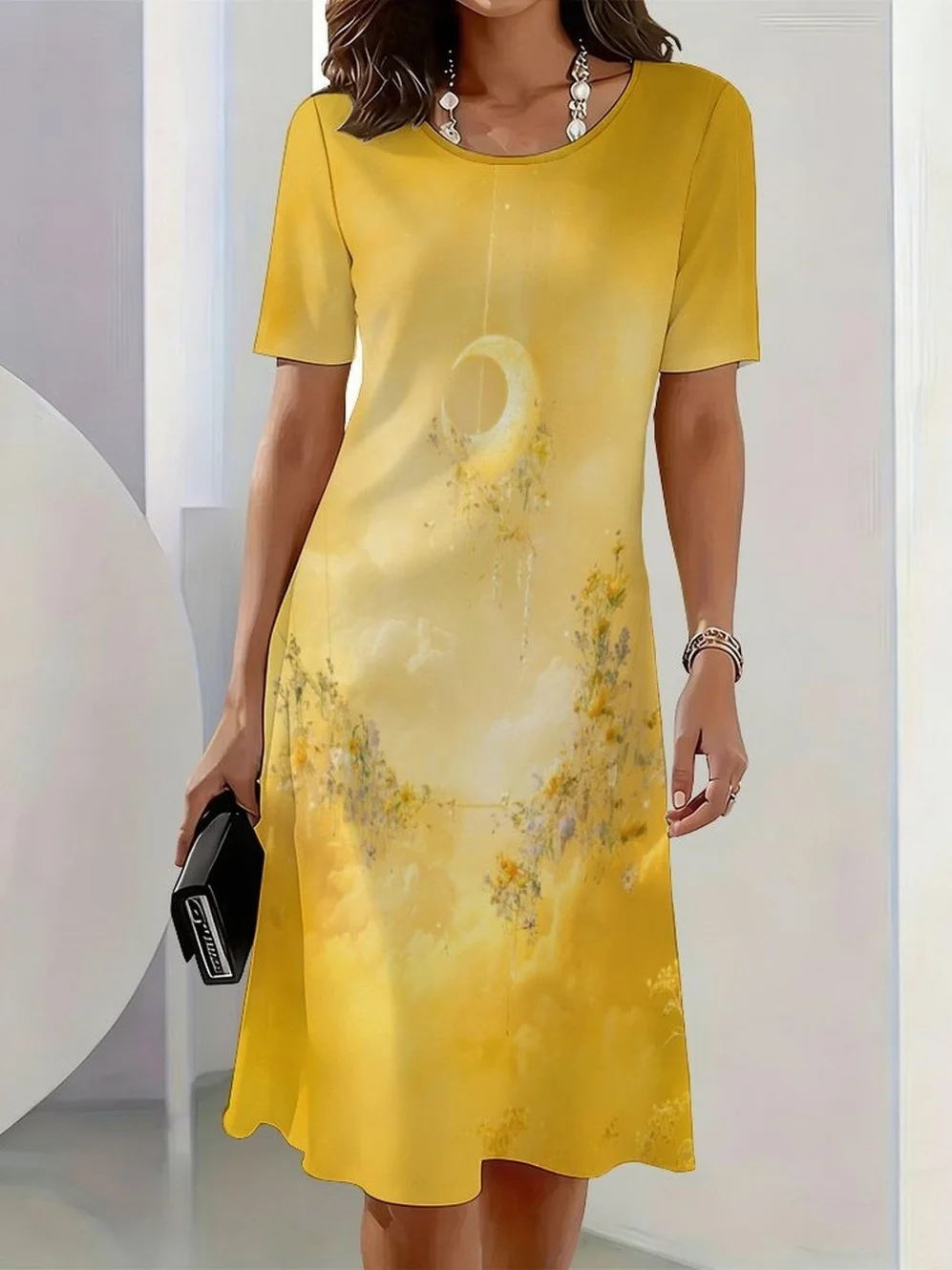 2026 New Elegant Floral Print Dresses for Women Round-Neck Short Sleeve Female Clothing Summer Travel Vacation Clothes for Woman detail