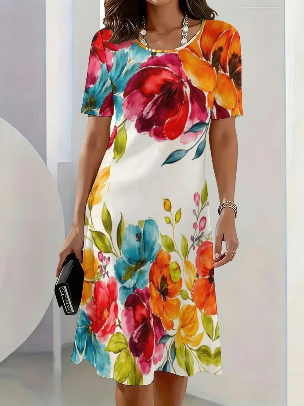 2026 New Elegant Floral Print Dresses for Women Round-Neck Short Sleeve Female Clothing Summer Travel Vacation Clothes for Woman detail