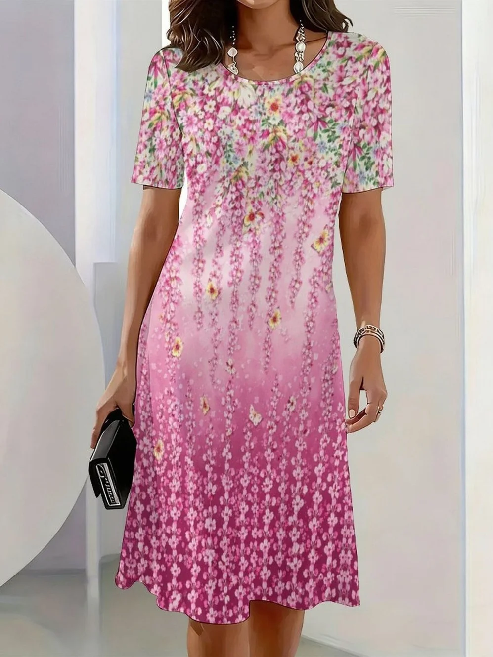 2026 New Elegant Floral Print Dresses for Women Round-Neck Short Sleeve Female Clothing Summer Travel Vacation Clothes for Woman detail