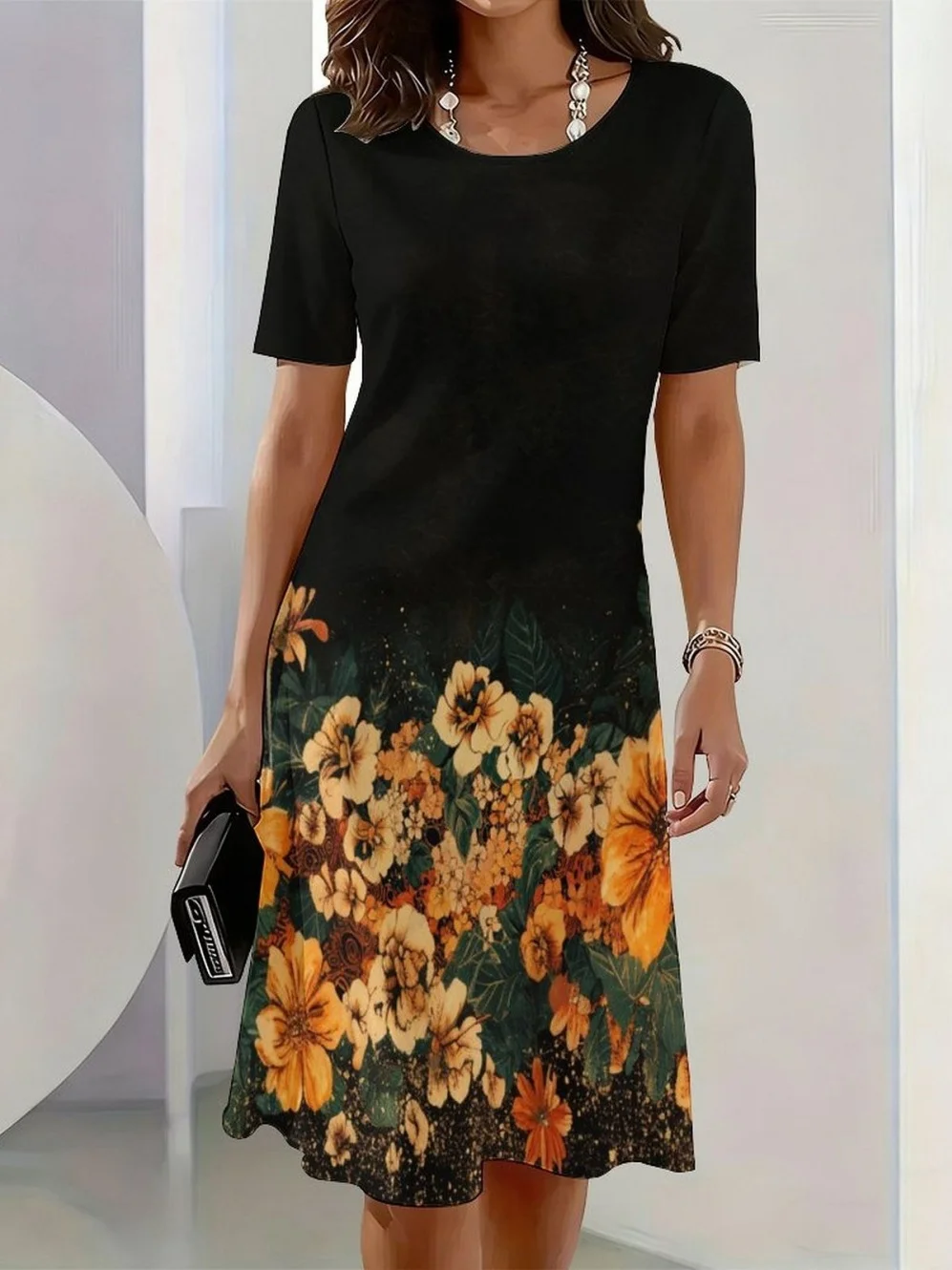 2026 New Elegant Floral Print Dresses for Women Round-Neck Short Sleeve Female Clothing Summer Travel Vacation Clothes for Woman detail
