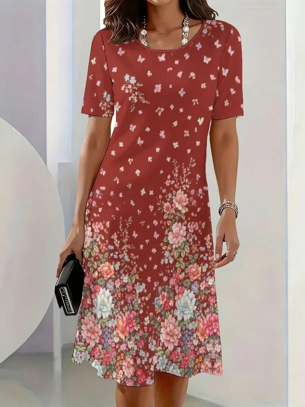 2026 New Elegant Floral Print Dresses for Women Round-Neck Short Sleeve Female Clothing Summer Travel Vacation Clothes for Woman detail