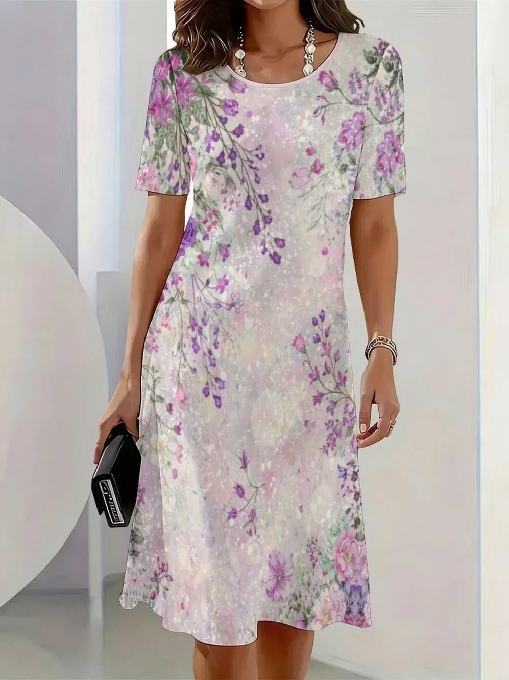 2026 New Elegant Floral Print Dresses for Women Round-Neck Short Sleeve Female Clothing Summer Travel Vacation Clothes for Woman detail