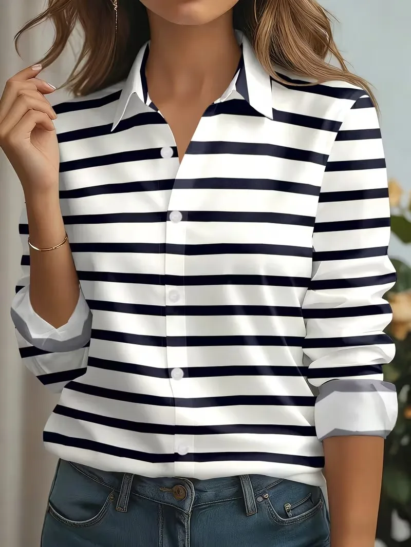 New Spring Autumn Women Blouses Fashion Striped Pattern Printing Shirt Elegant Casual Everyday Blouse Ladies Office Loose Shirts detail
