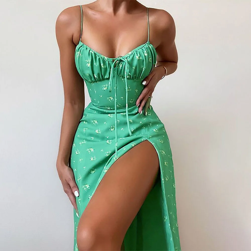 Women Elegant Floral Beach Vacation Streetwear Sexy Low Cut Beach Party Slim Slit Dress Chic Bodycon Lady Sleeveless Vestidos detail