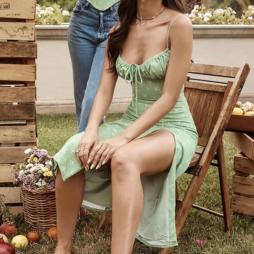 Women Elegant Floral Beach Vacation Streetwear Sexy Low Cut Beach Party Slim Slit Dress Chic Bodycon Lady Sleeveless Vestidos detail