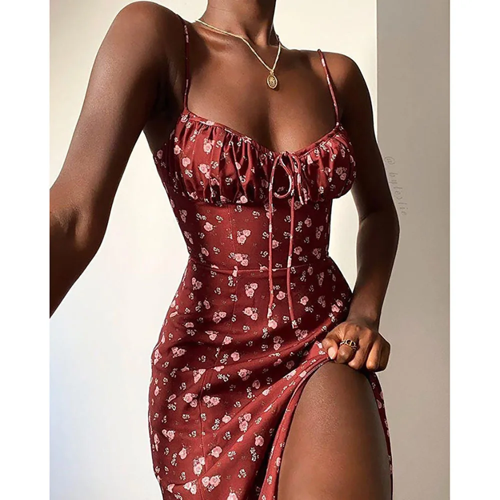 Women Elegant Floral Beach Vacation Streetwear Sexy Low Cut Beach Party Slim Slit Dress Chic Bodycon Lady Sleeveless Vestidos detail