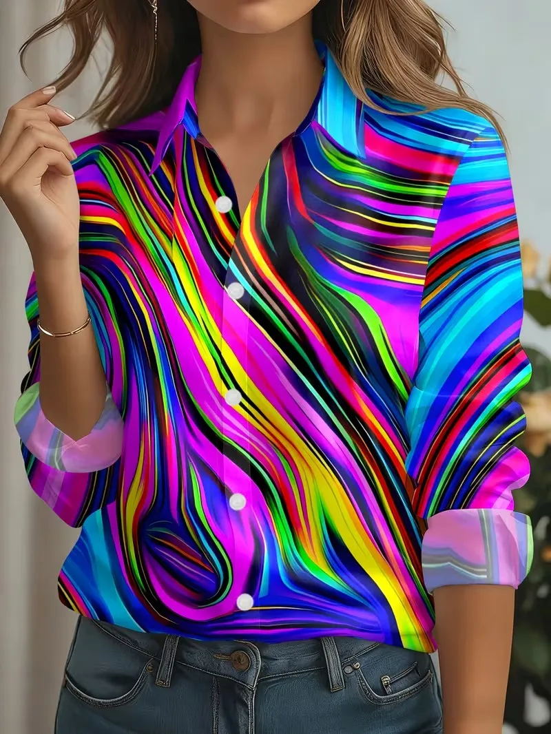 Autumn New Women's Shirts Gradient Stripes Print Blouse Lapel Neck Long Sleeve Office Ladies Tops Shirts Casual Womens Clothes detail
