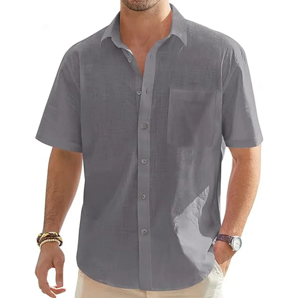 Men's Solid Color Cotton Linen Short Sleeve Shirts Vacation Beach Summer Tops with Pocket Casual Lightweight Button Shirts detail