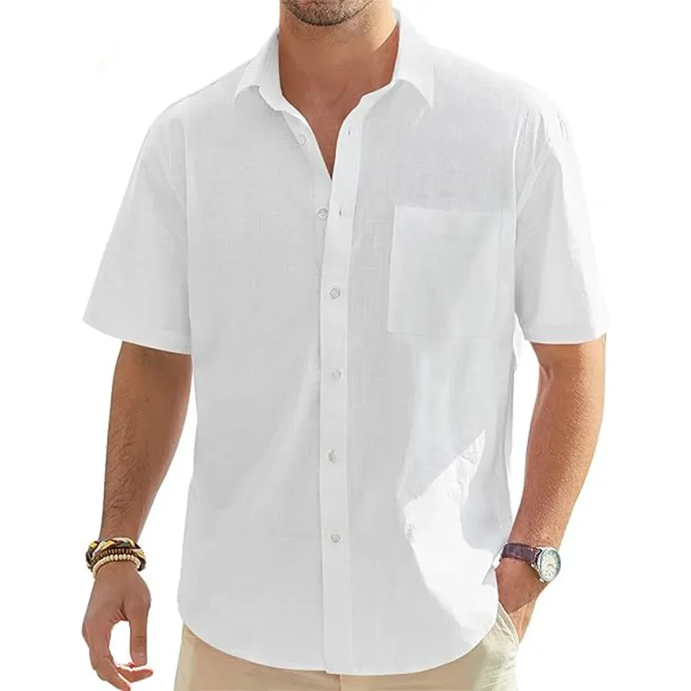 Men's Solid Color Cotton Linen Short Sleeve Shirts Vacation Beach Summer Tops with Pocket Casual Lightweight Button Shirts detail