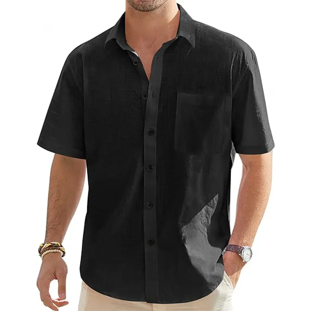 Men's Solid Color Cotton Linen Short Sleeve Shirts Vacation Beach Summer Tops with Pocket Casual Lightweight Button Shirts detail