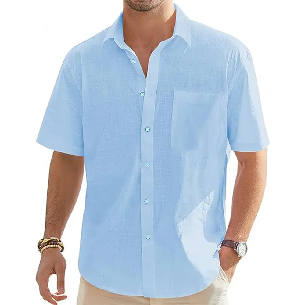Men's Solid Color Cotton Linen Short Sleeve Shirts Vacation Beach Summer Tops with Pocket Casual Lightweight Button Shirts detail
