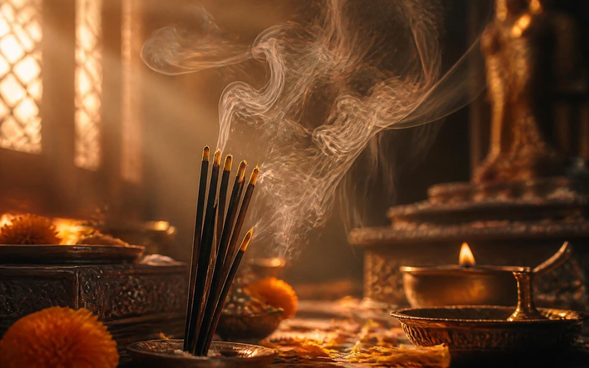 Premium Indian incense sticks burning with elegant smoke in a traditional pooja setting
