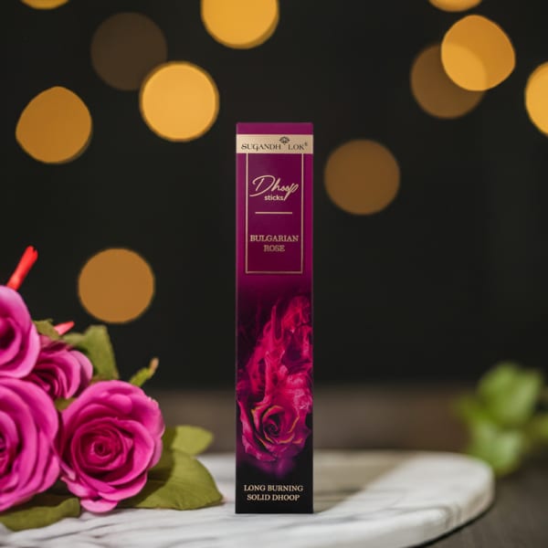 Bulgarian Rose Premium Long Dhoop Sticks, 20 Sticks | Bamboo-Less Dhoop | Up to 90 Minutes Burning Time | Rich Rose Fragrance | Dhoop Sticks for Puja, Meditation & Home