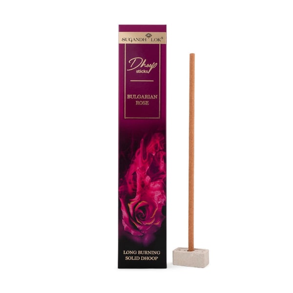 Bulgarian Rose Premium Long Dhoop Sticks, 20 Sticks | Bamboo-Less Dhoop | Up to 90 Minutes Burning Time | Rich Rose Fragrance | Dhoop Sticks for Puja, Meditation & Home