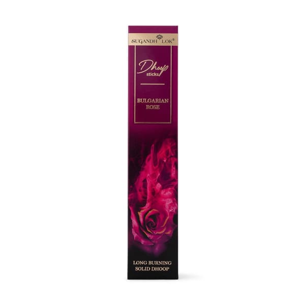 Bulgarian Rose Premium Long Dhoop Sticks, 20 Sticks | Bamboo-Less Dhoop | Up to 90 Minutes Burning Time | Rich Rose Fragrance | Dhoop Sticks for Puja, Meditation & Home