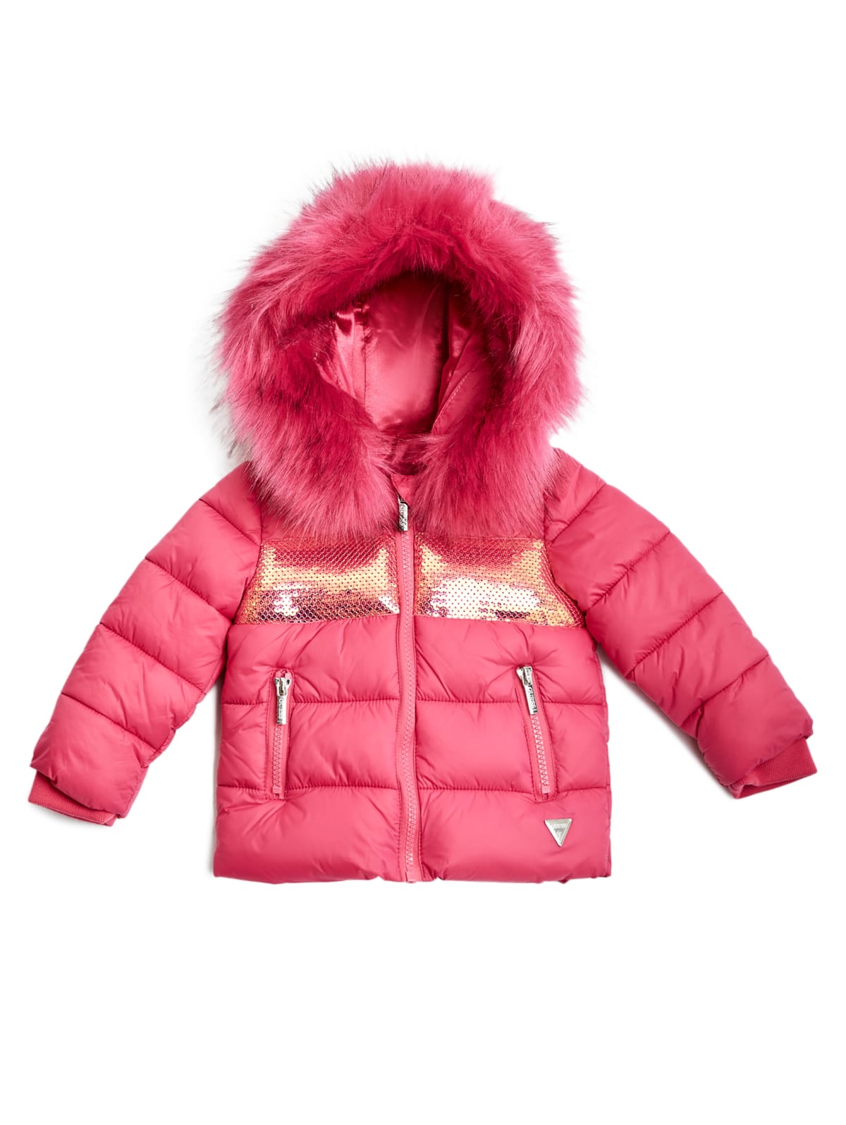 pink faux fur hooded sequin jacket