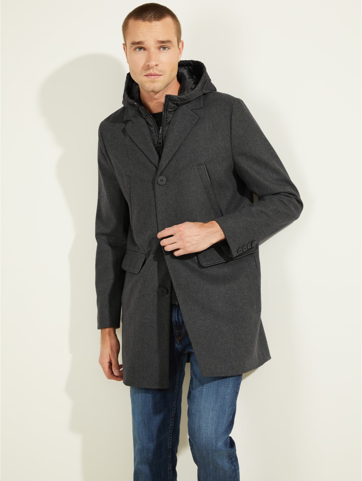 guess men's hooded wool coat