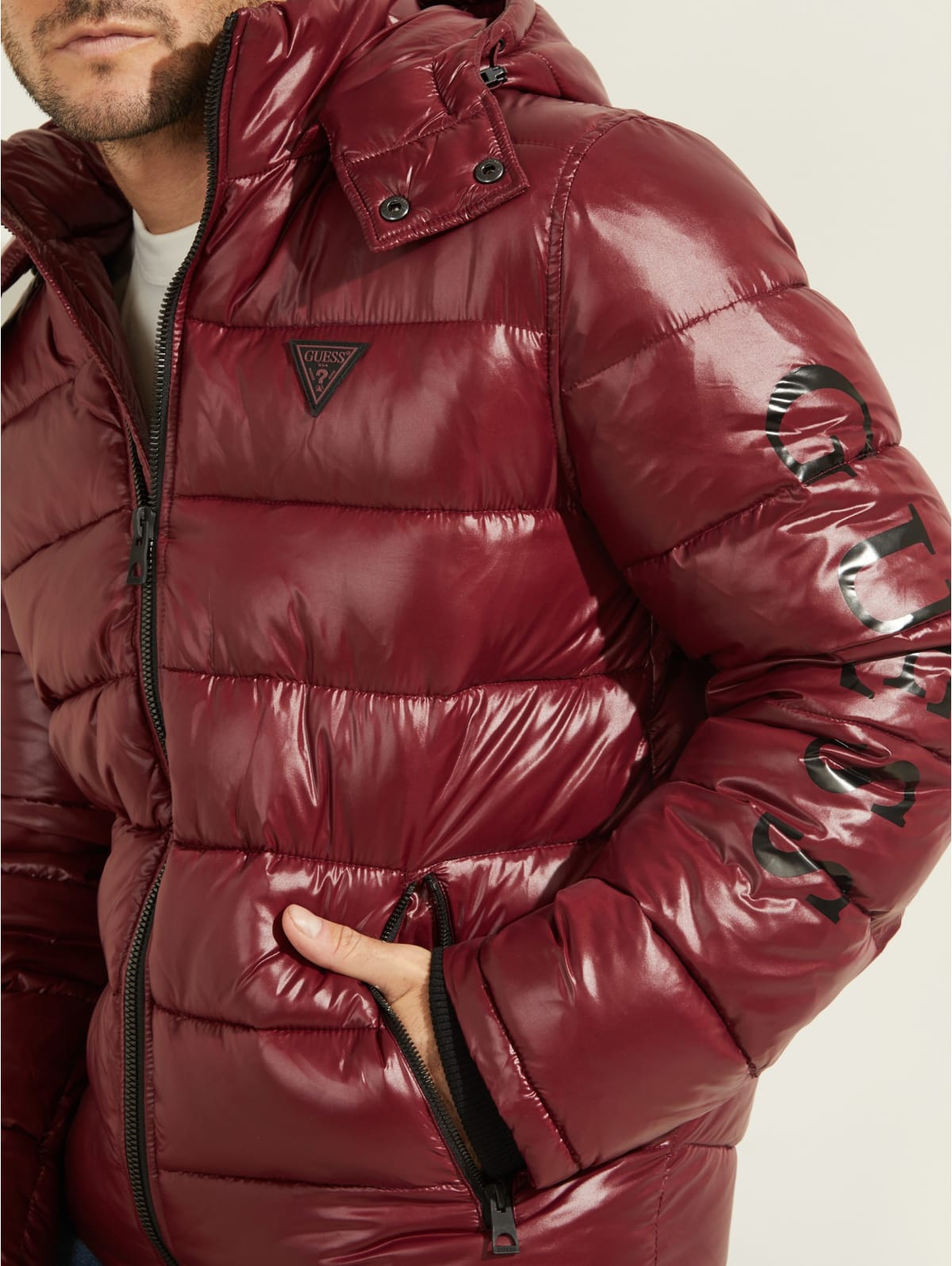 red guess bubble jacket