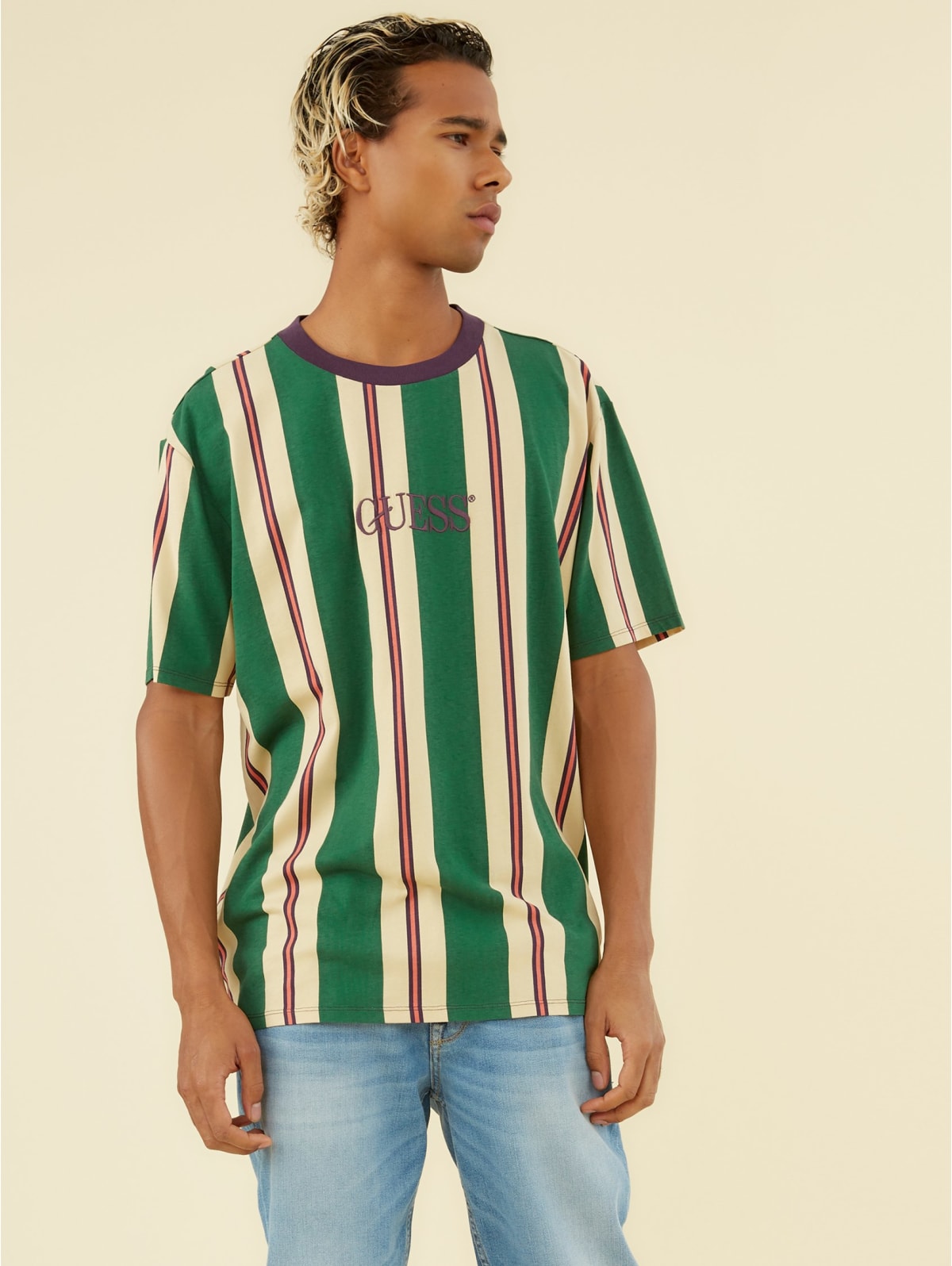 guess los angeles striped shirt green