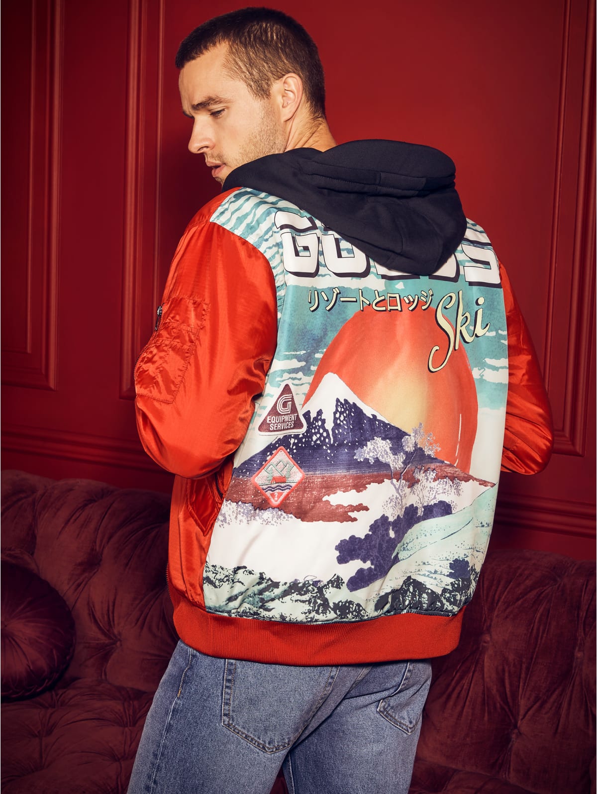 guess red bomber jacket