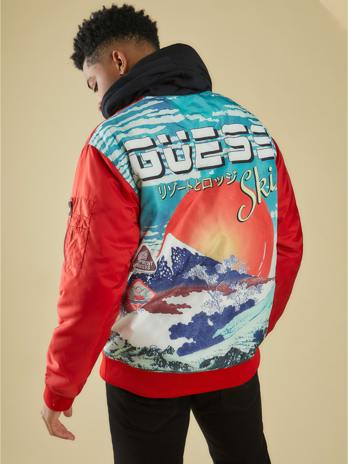 guess red bomber jacket