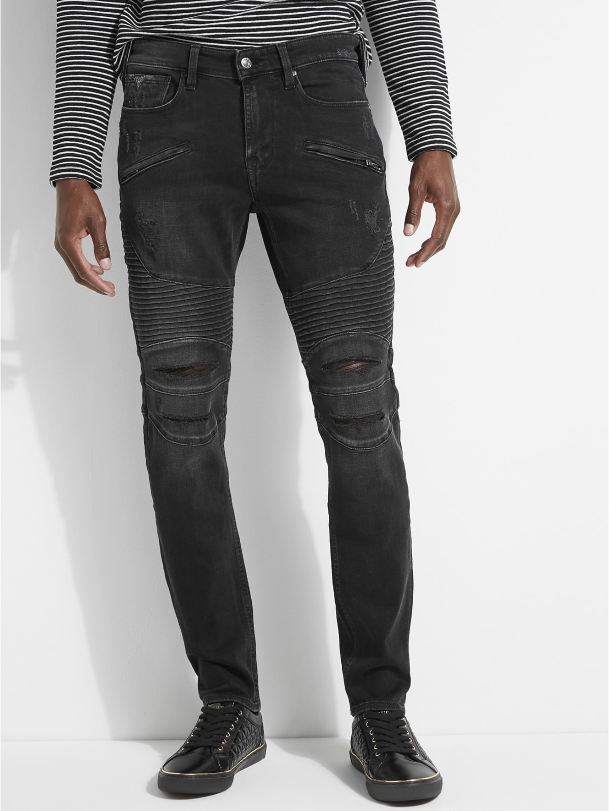 Pintuck Slim Tapered Moto Jeans | GUESS