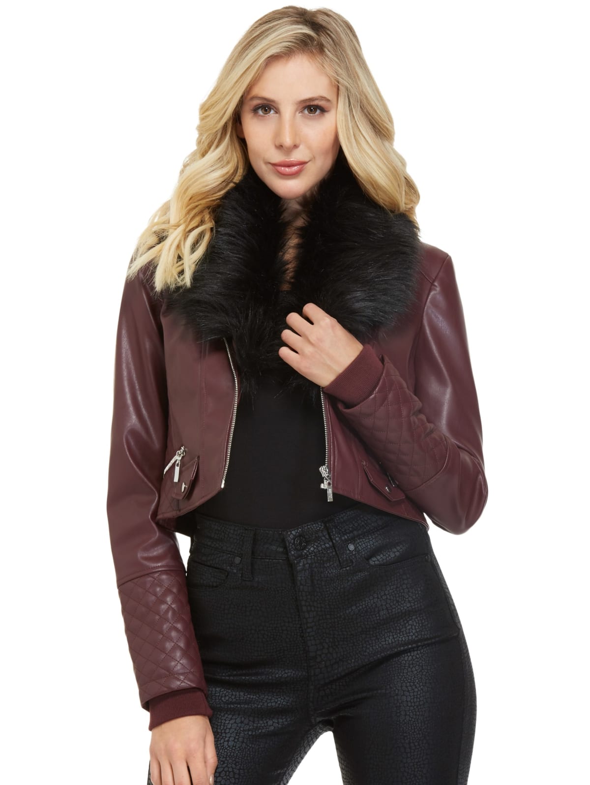 guess leather jacket with faux fur collar