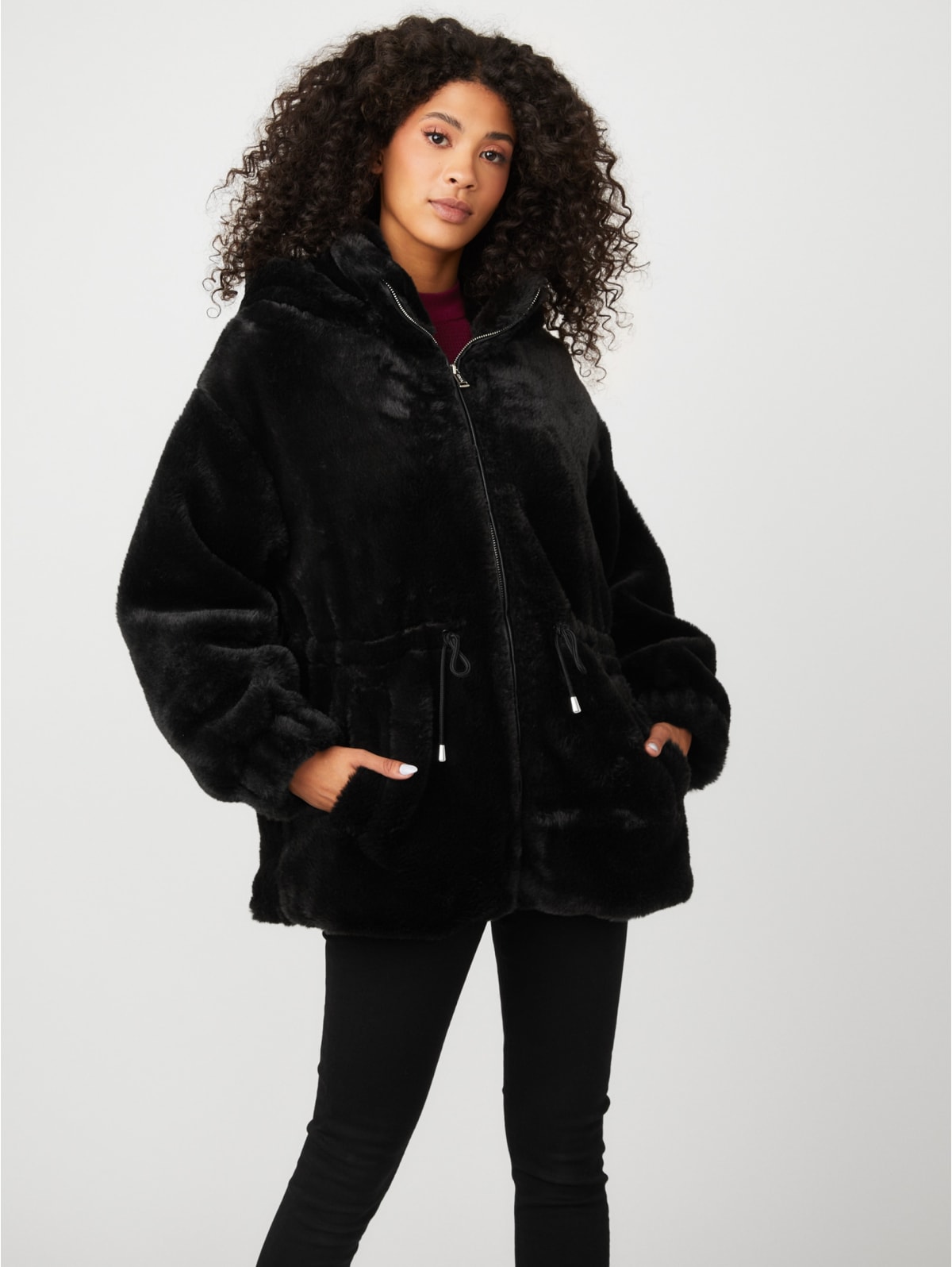 guess faux fur hooded anorak jacket