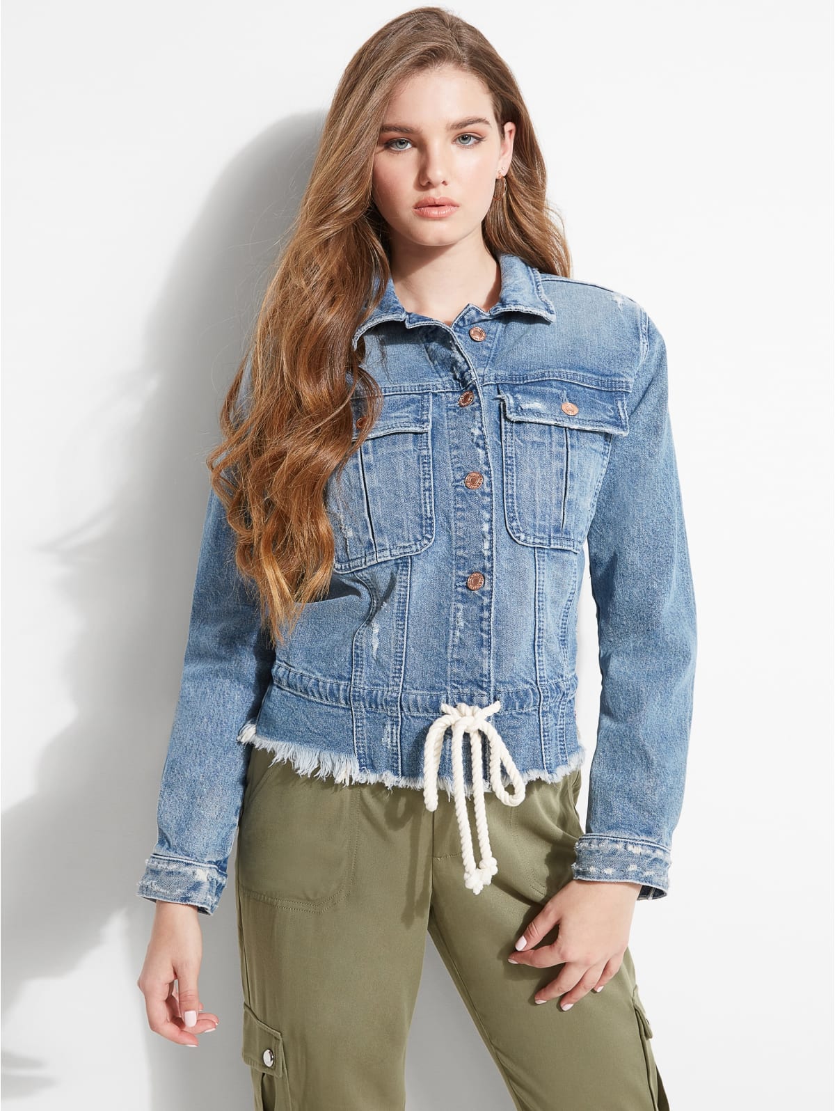 guess denim jacket with pearls