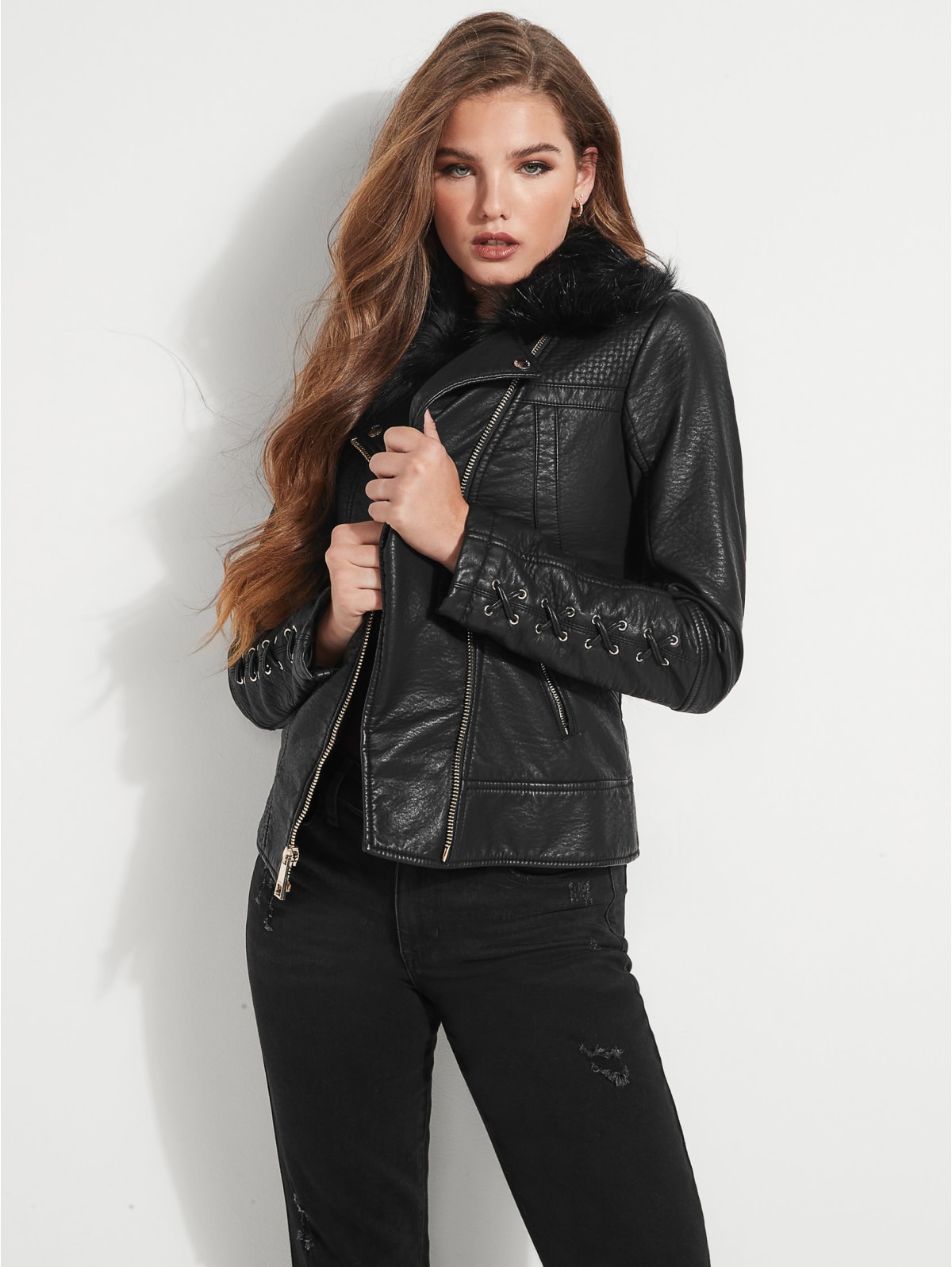 guess leather jacket with faux fur collar