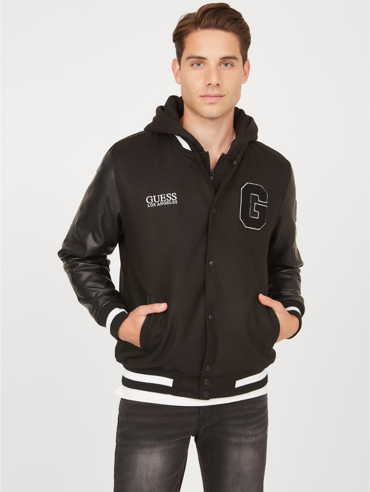 guess men's hooded varsity jacket