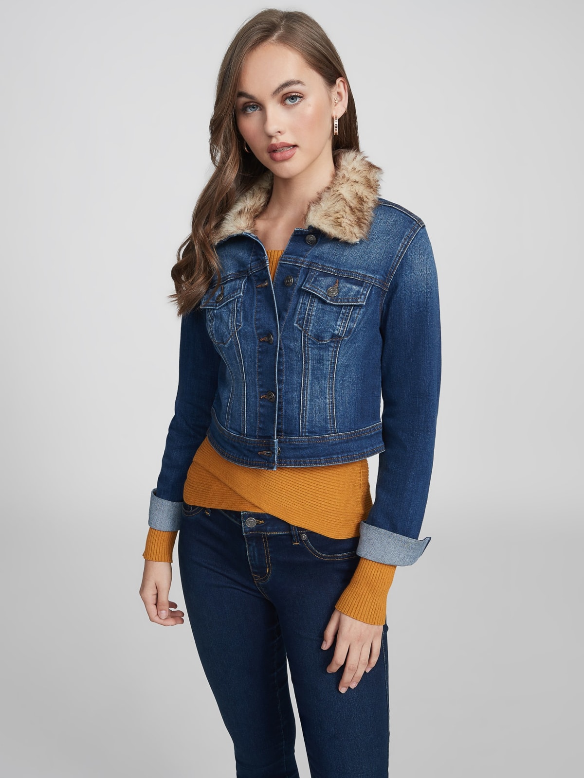 guess faux fur denim jacket