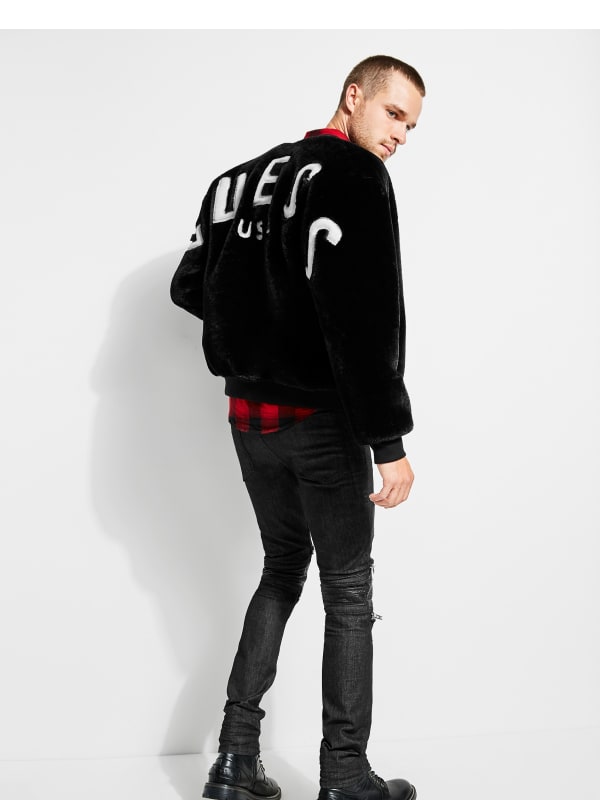 guess faux fur logo bomber