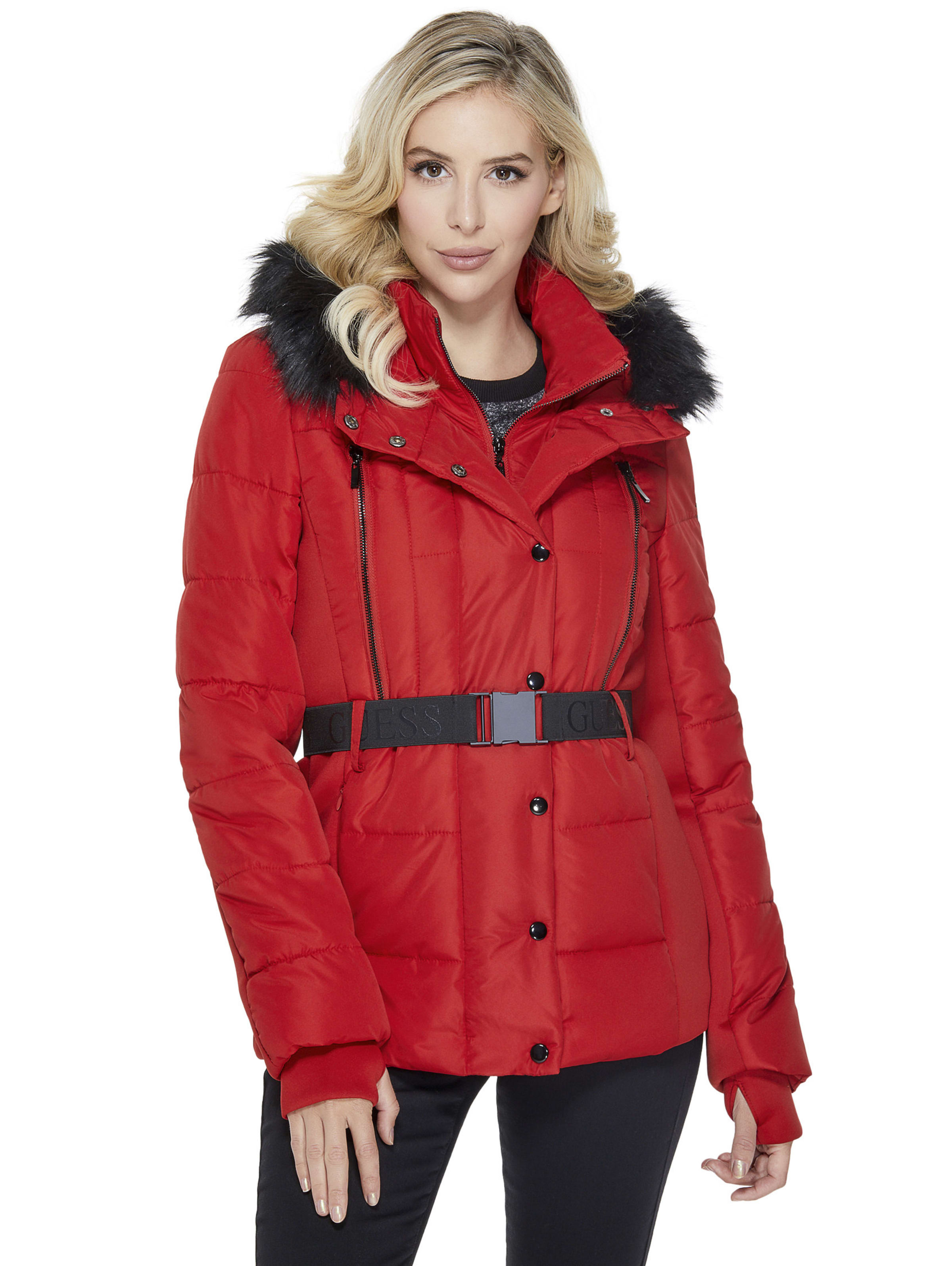 guess red puffer jacket