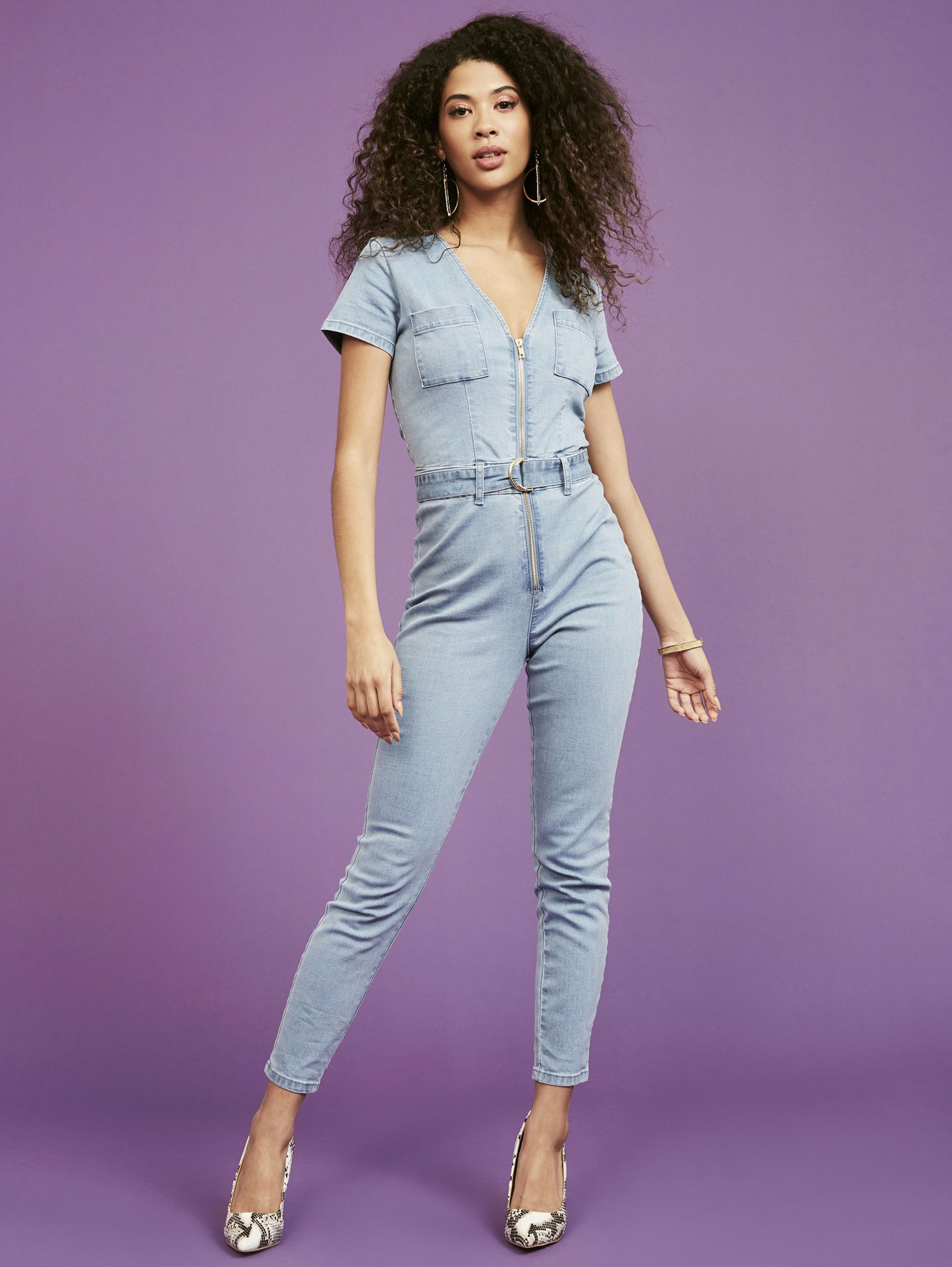 purple denim jumpsuit