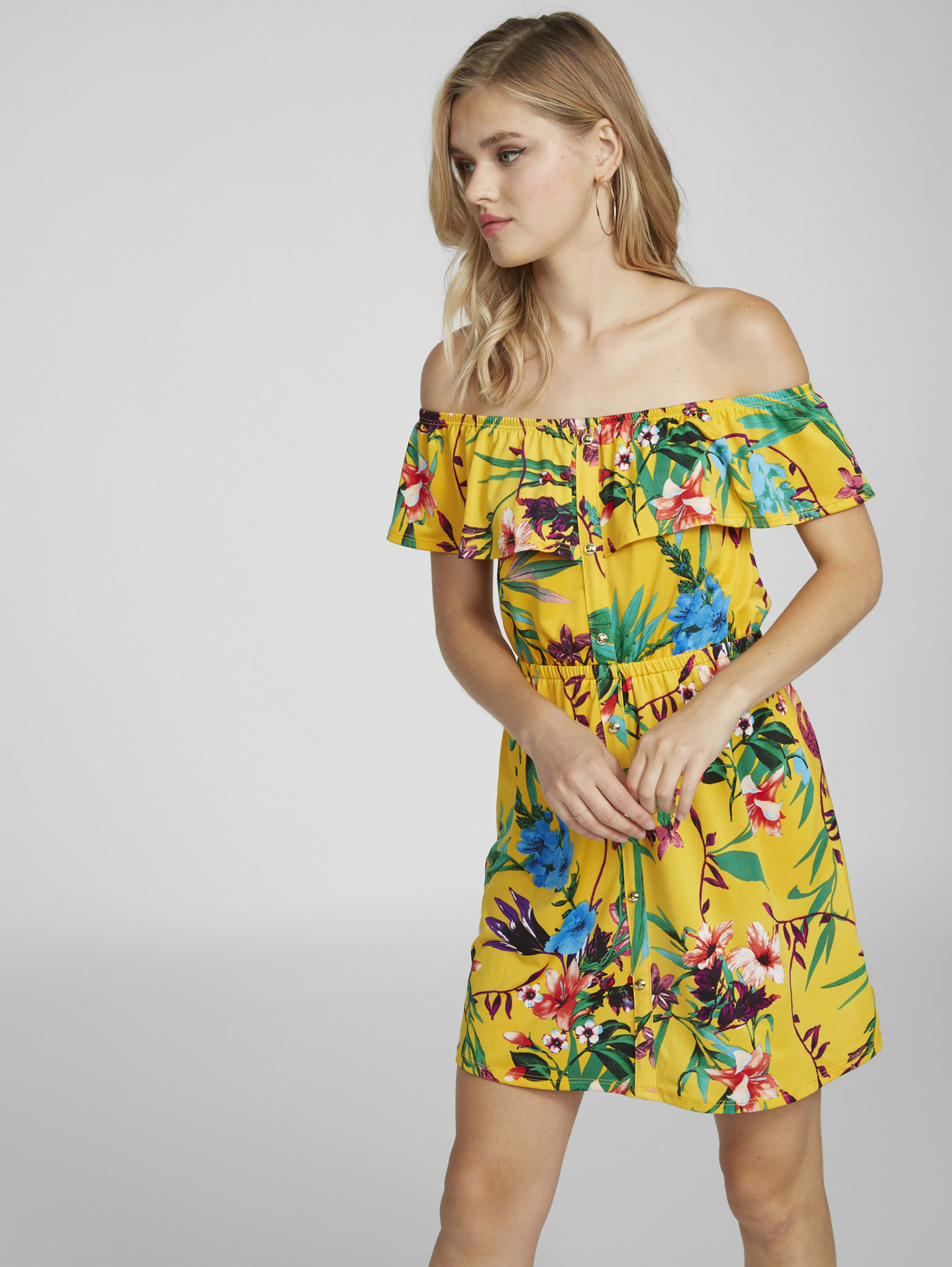 guess printed off the shoulder dress