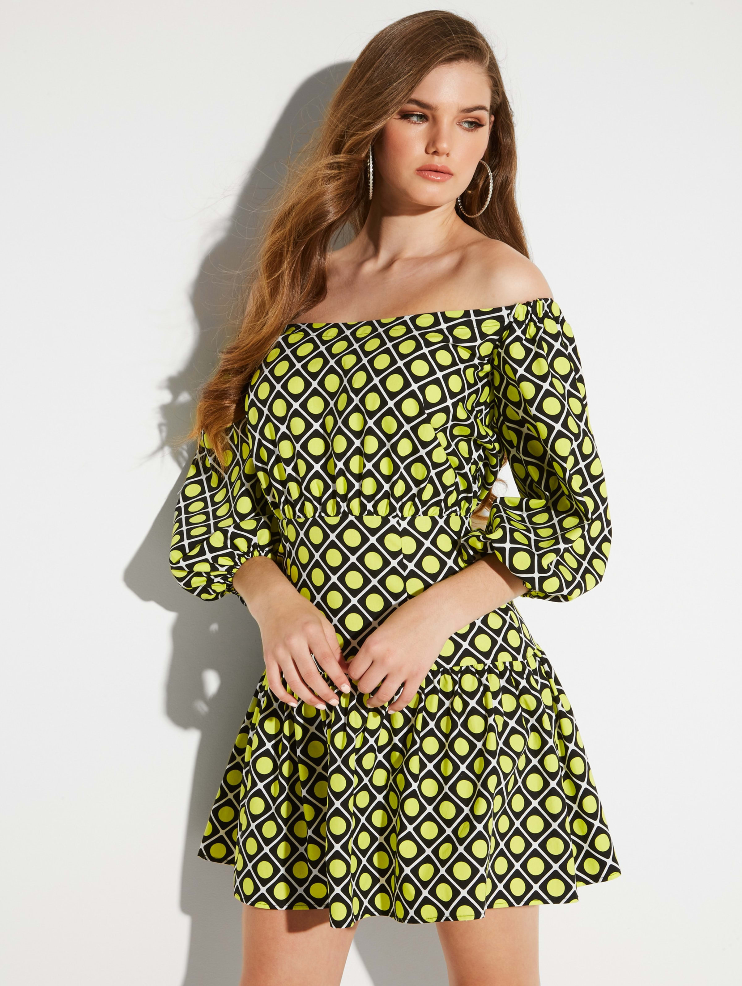 guess printed off the shoulder dress