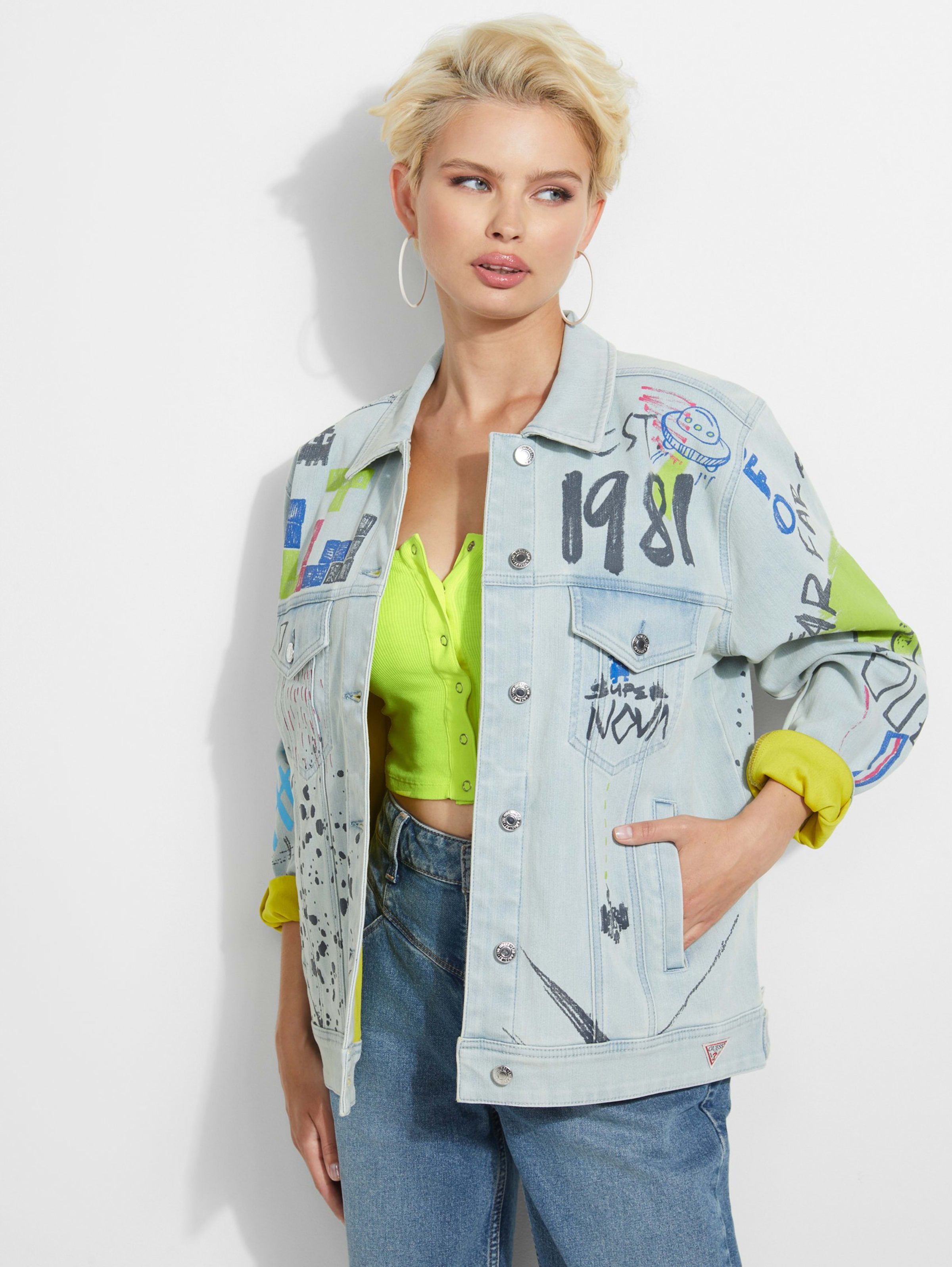 Oversized Graffiti Denim Jacket Guess Com