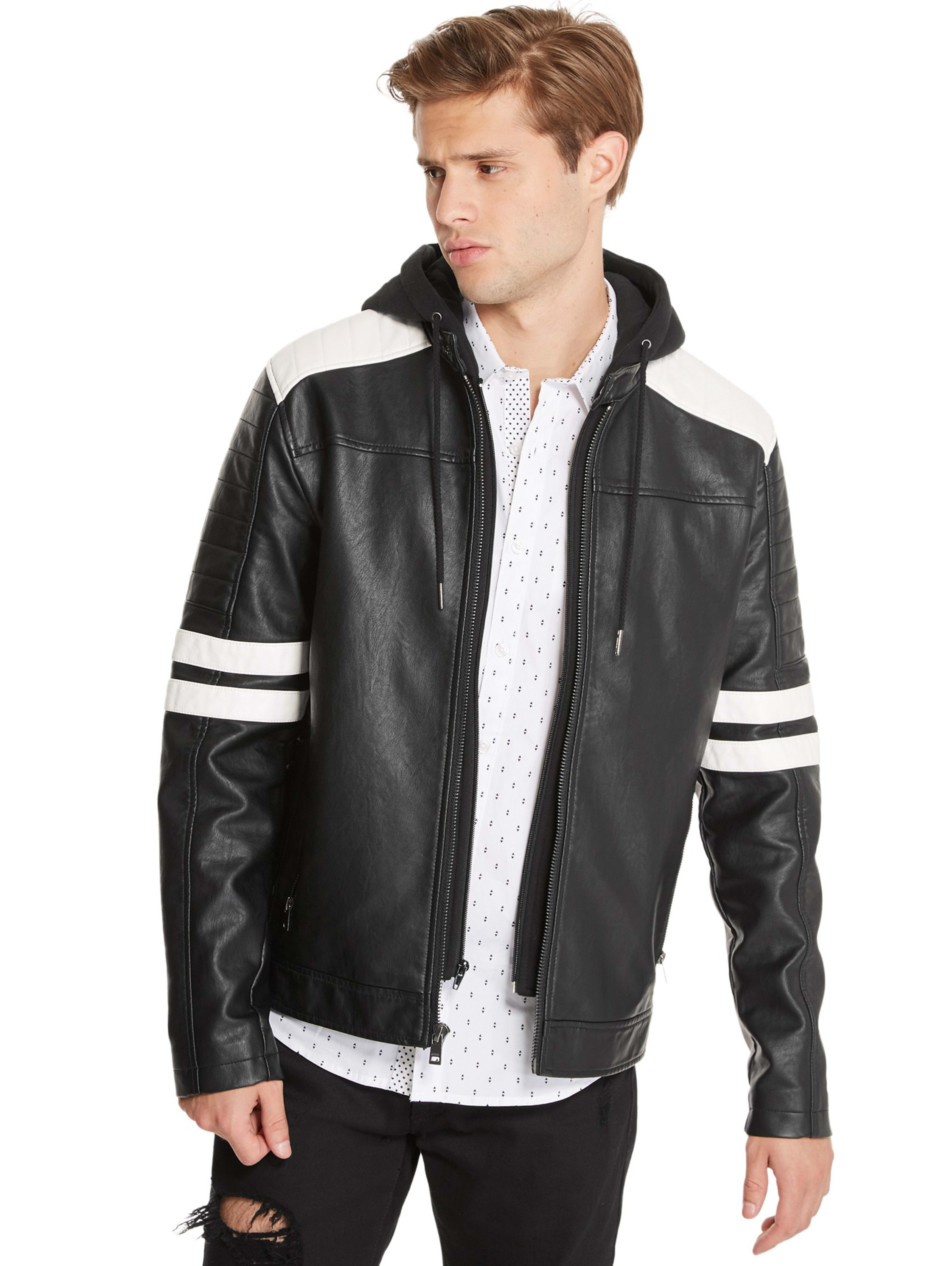 guess men's faux leather hooded moto jacket